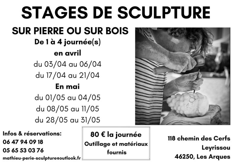 Workshops beeldhouwen in steen of hout  april en mei Les Arques